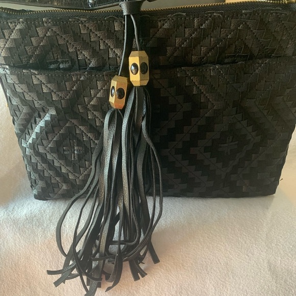 Vtg Eric Javitz NY Tote Designer Black Leather Woven Bag Adjustable Shoulder New - Picture 5 of 14